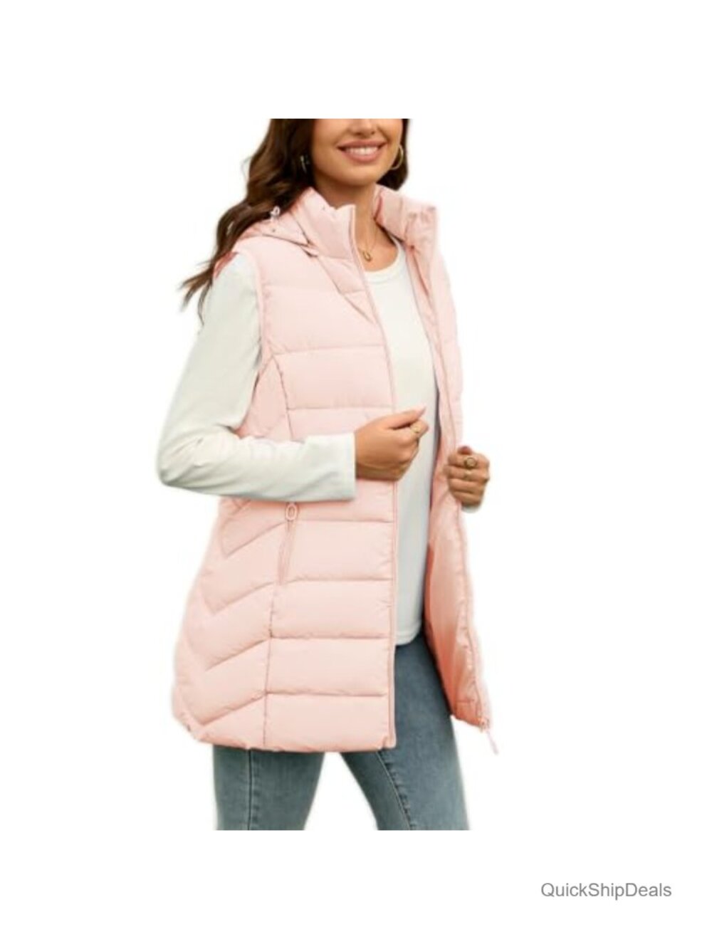 Women's Fleece-Lined Quilted Long Puffer Vest with Hood Pockets